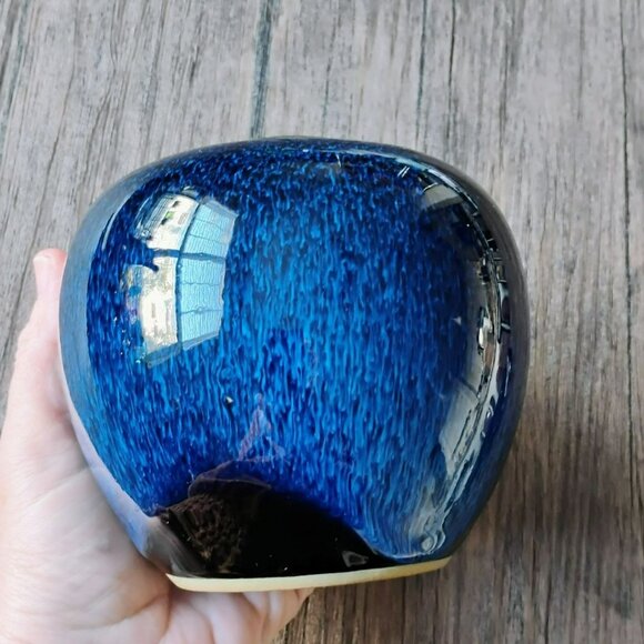 Japanese Blue Black Flambe Drip Glaze Vase 4.5" Vintage Japan Frogskin Pottery - Picture 6 of 11